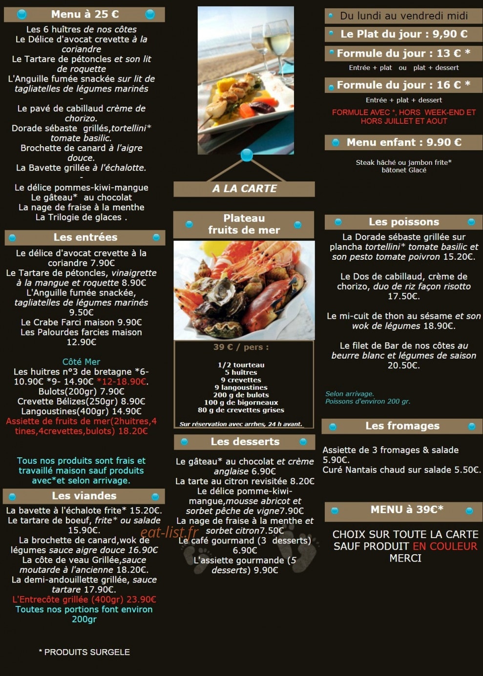 Carte et menu de Le Zagaya à Pornic — Le menu à 25€, entrées, viandes...