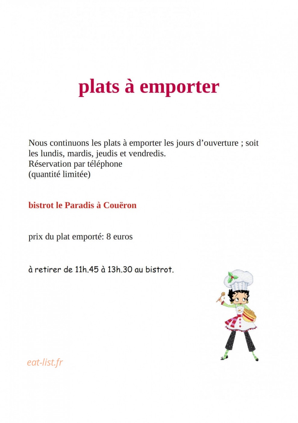 Bistrot le Paradis — carte page 1