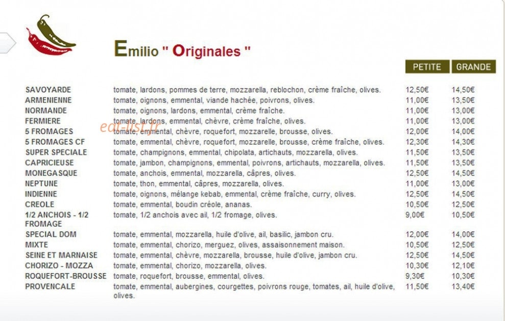 Emilio pizza — carte page 1
