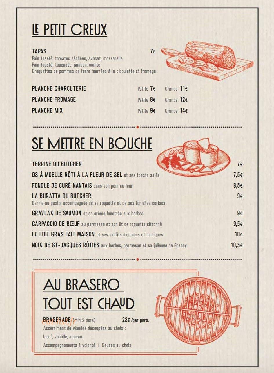 Carte et menu de Le Butcher à Saint Sebastien sur Loire — petit creux, mettre en bouche, brasio