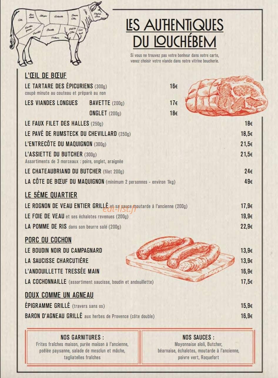 Carte et menu de Le Butcher à Saint Sebastien sur Loire — viandes, garnitures, sauces