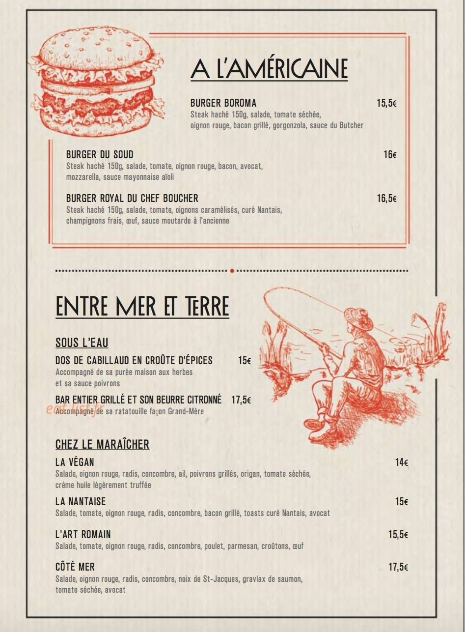 Carte et menu de Le Butcher à Saint Sebastien sur Loire — américaine, entre mer et terre
