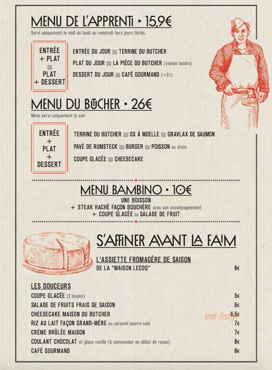 Carte et menu de Le Butcher à Saint Sebastien sur Loire — menus, fromages