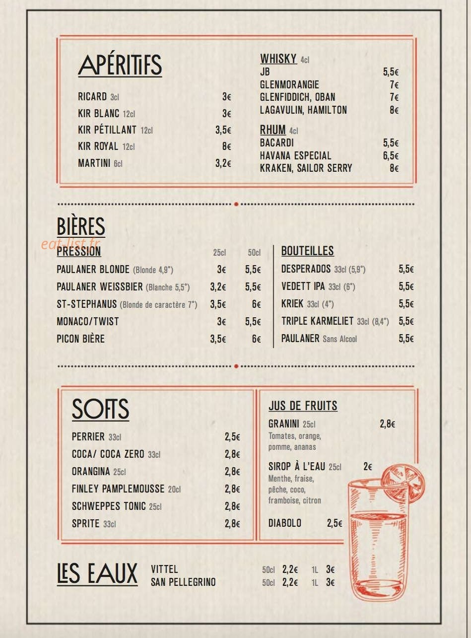 Carte et menu de Le Butcher à Saint Sebastien sur Loire — apéritifs, bières, softs