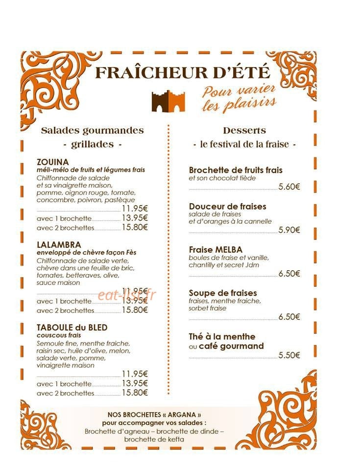 Carte et menu de Les Jardins du Maroc à Saint Sebastien sur Loire — Le menu d' été