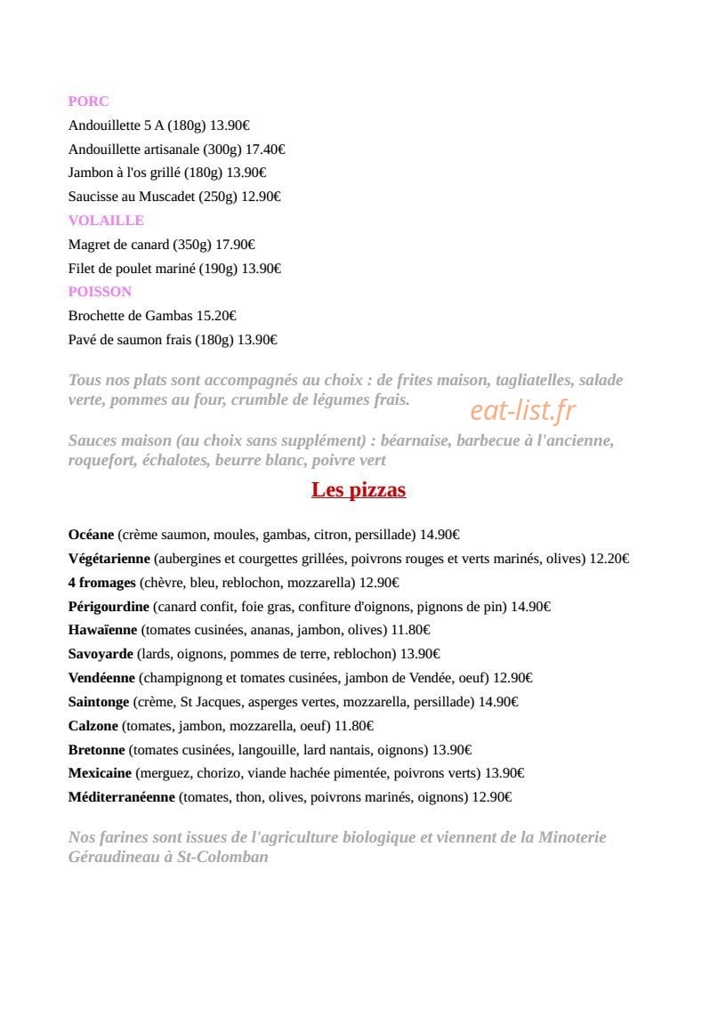 Carte et menu de Le Saintonge grill à La Chapelle sur Erdre — Les plats et pizzas