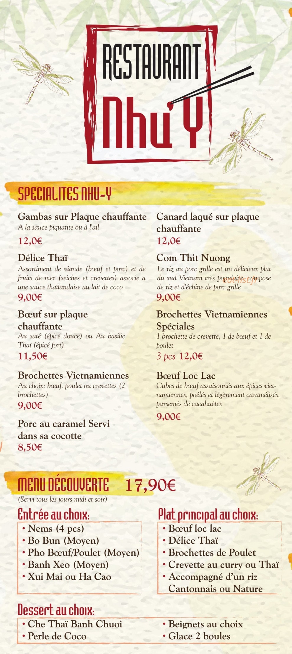Carte et menu de Le Nhu-Y à Saint Brevin les Pins — Spécialités nhu y, menu decouverte