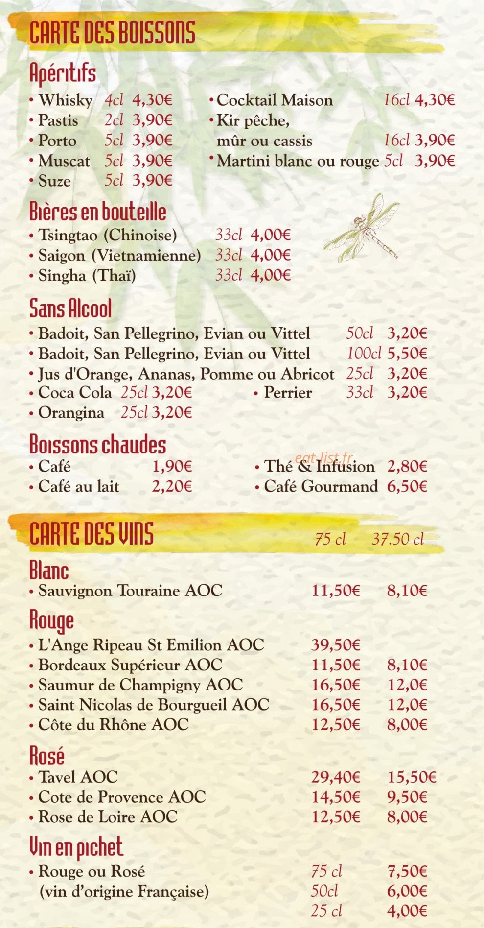 Carte et menu de Le Nhu-Y à Saint Brevin les Pins — Boissons, vins