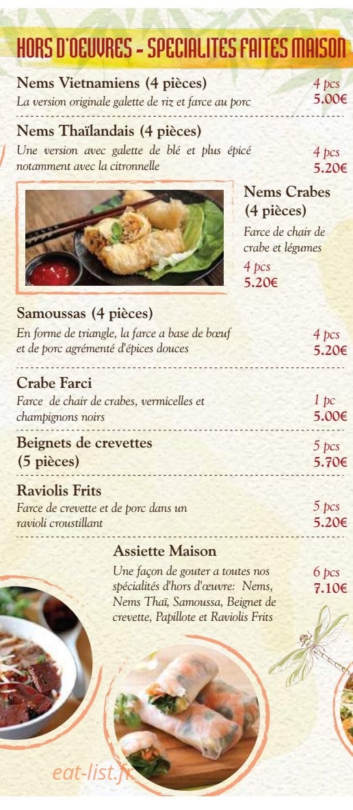 Carte et menu de Le Nhu-Y à Saint Brevin les Pins — Hors d'oeuvres, spécialités fait maison