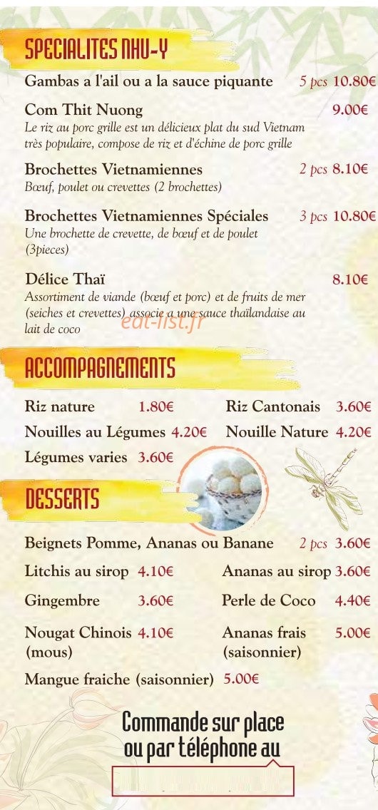 Carte et menu de Le Nhu-Y à Saint Brevin les Pins — Accompagnements , desserts ...