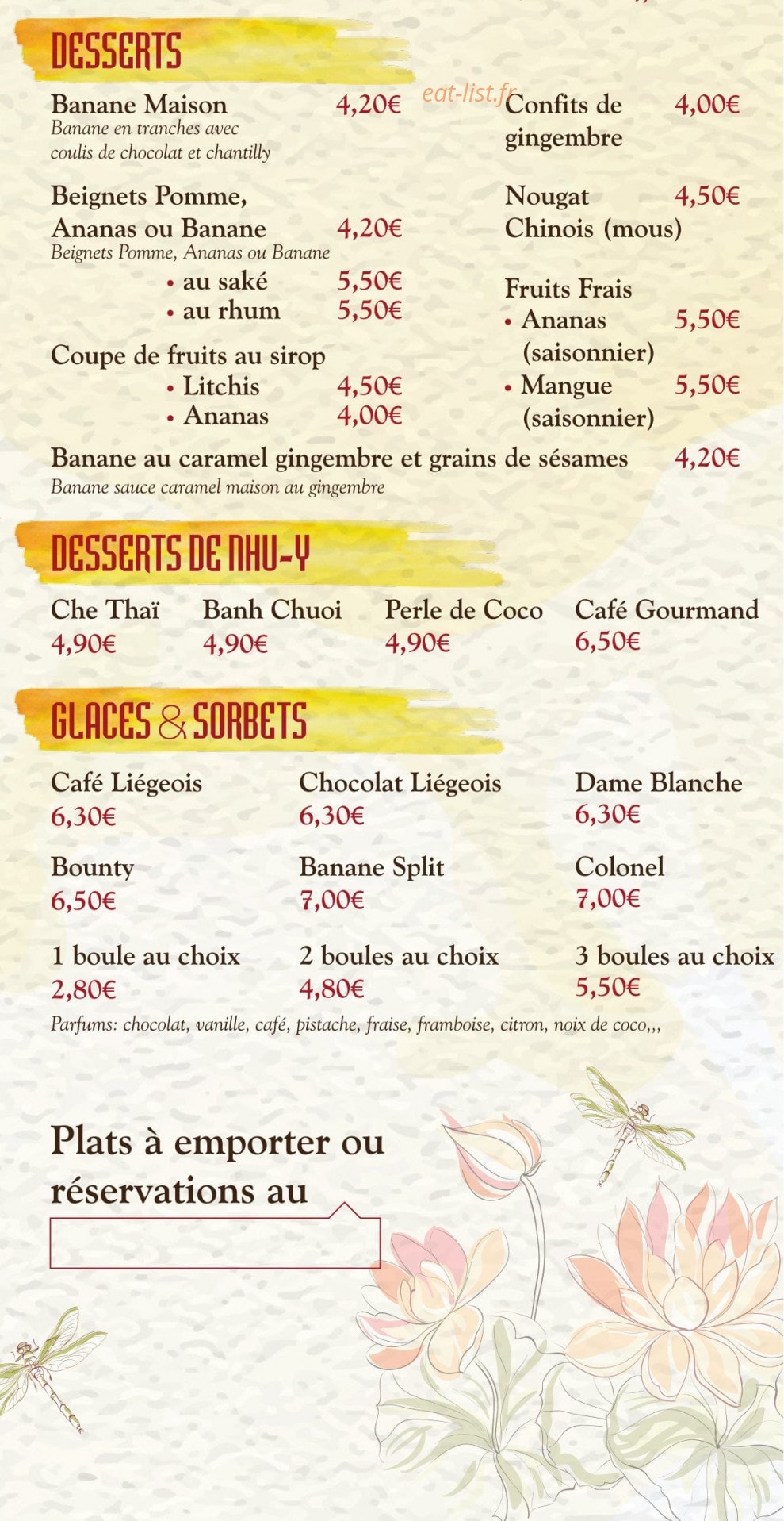 Carte et menu de Le Nhu-Y à Saint Brevin les Pins — Desserts , glaces