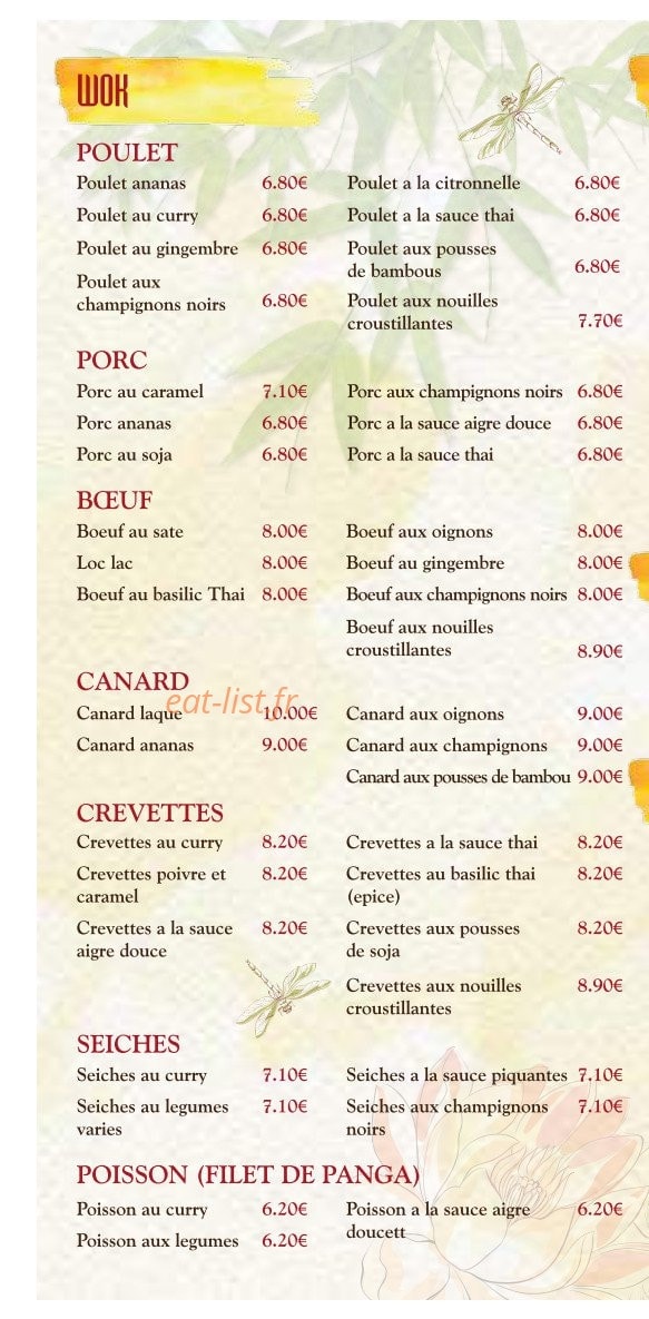 Carte et menu de Le Nhu-Y à Saint Brevin les Pins — Wok