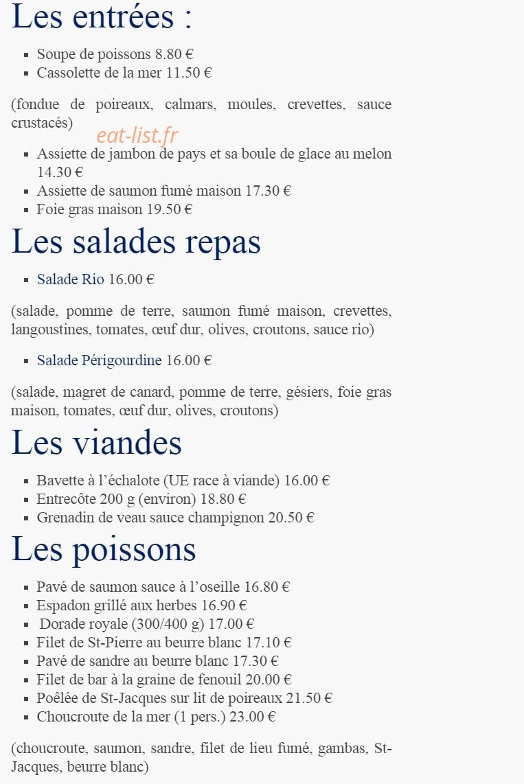 Carte et menu de Le Rio à Saint Brevin les Pins — Entrées, poissons, viandes,...