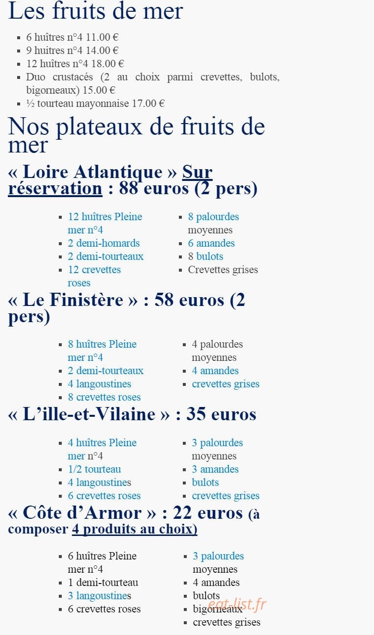 Carte et menu de Le Rio à Saint Brevin les Pins — Fruits de mer et plateaux de fruits de mer