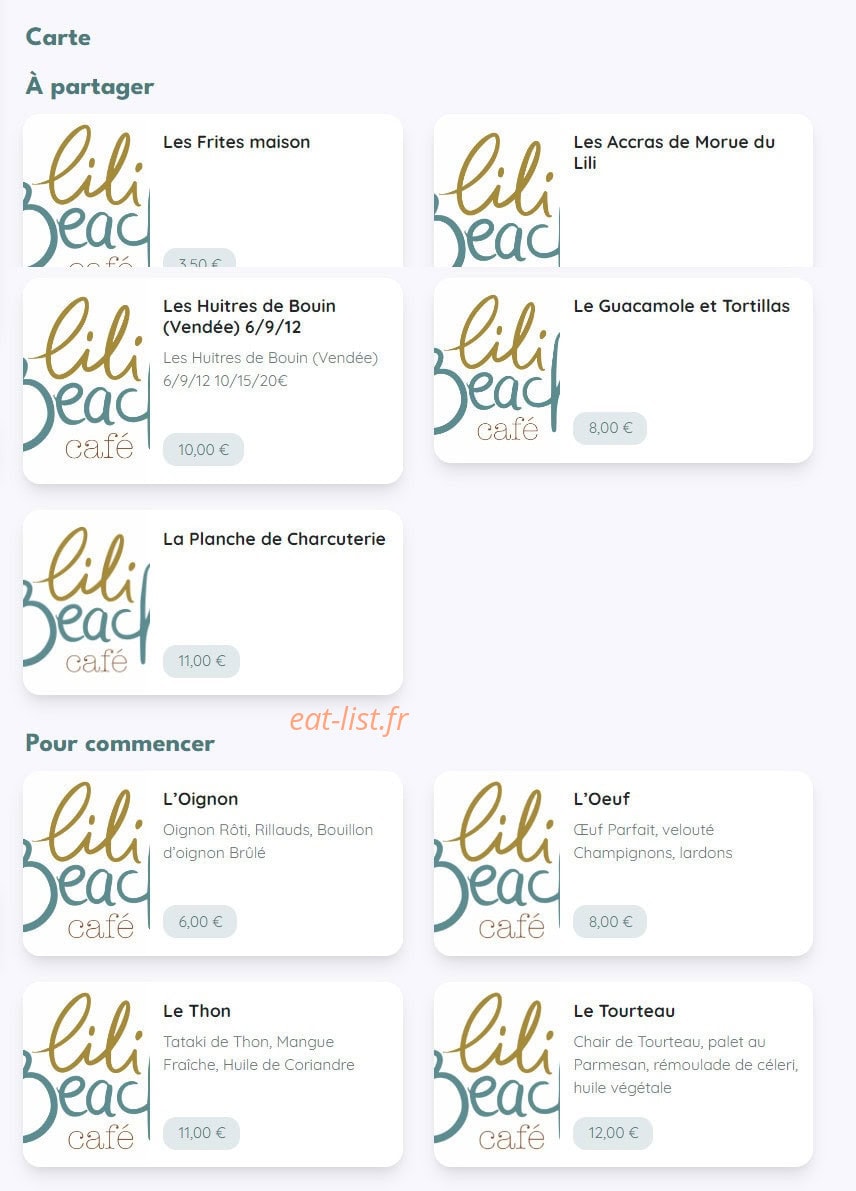 Lili Beach Café — carte page 1