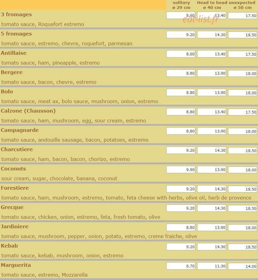 Royales Pizzas — carte page 1