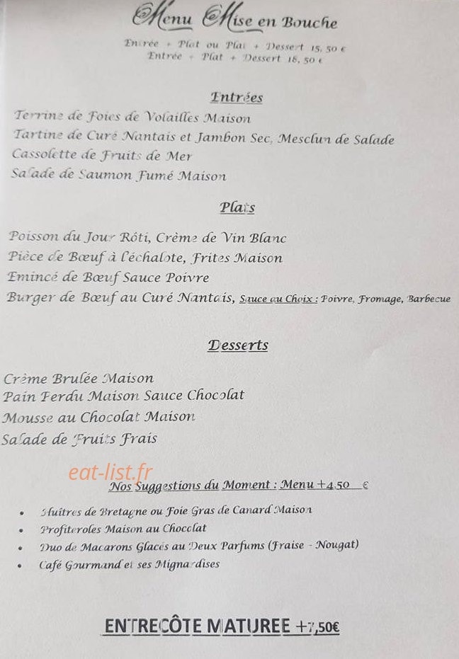 Carte et menu de La Mise en Bouche à Bouguenais — Entrées, plats, desserts,....
