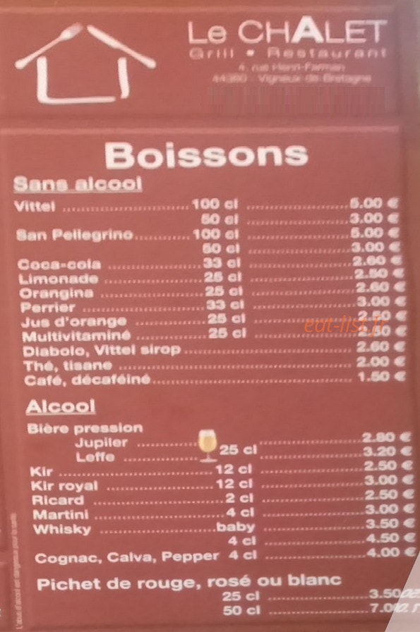 Carte et menu de Le Chalet à Vigneux de Bretagne — Les boissons