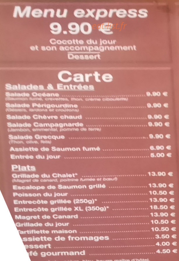 Carte et menu de Le Chalet à Vigneux de Bretagne — Le menu express et plats à la carte