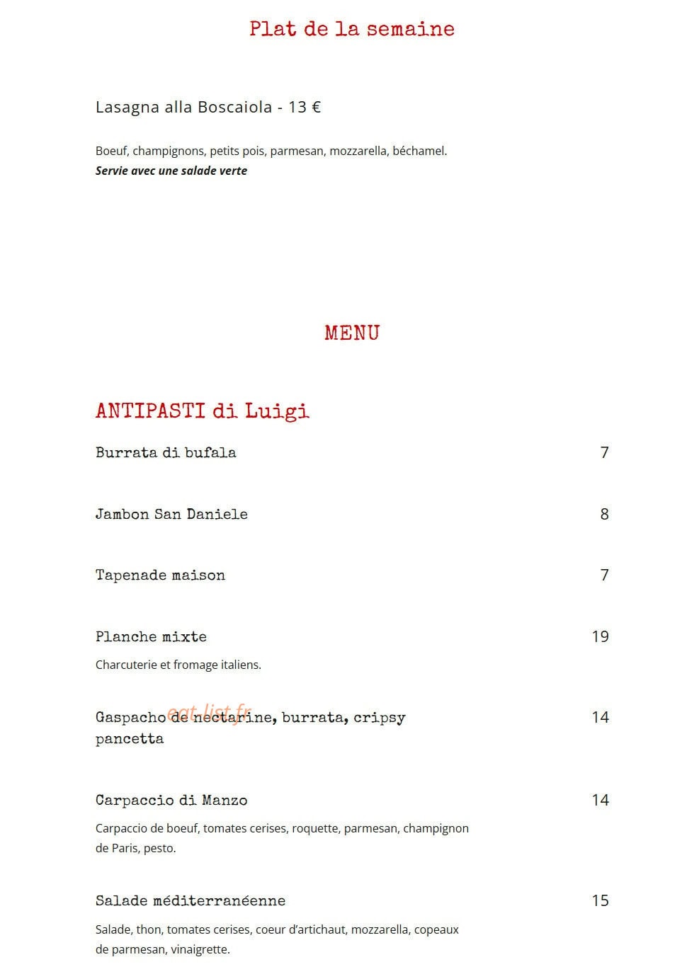 Georgitta Trattoria — carte page 1
