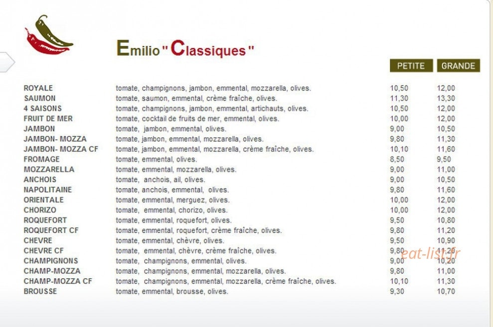 Emilio Pizza — carte page 2