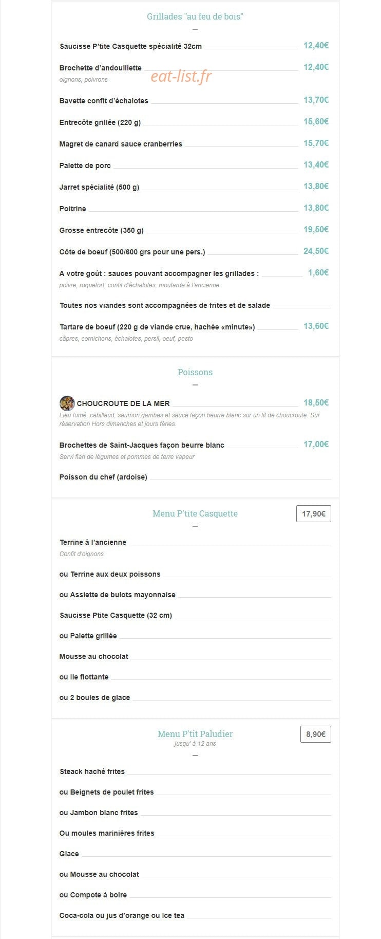 Carte et menu de Ptite casquette à La Turballe — Grillades, poissons, menus