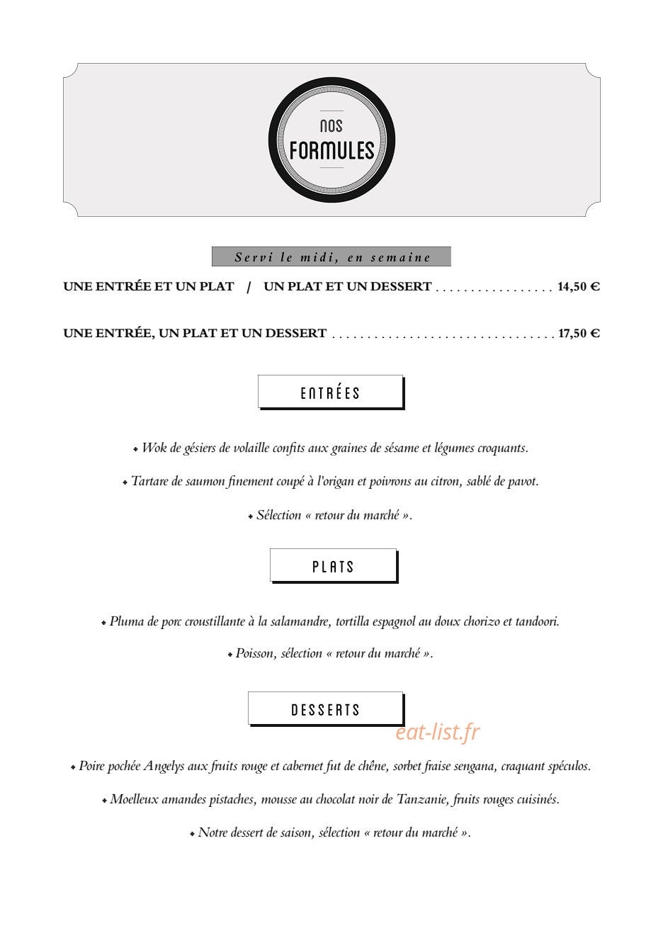 Carte et menu de Hall Saint Lazare à Le Loroux Bottereau — Les formules midi
