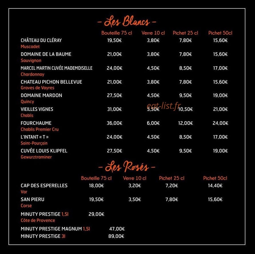 Carte et menu de L’écailleur à La Baule Escoublac — Vins blancs et rosés