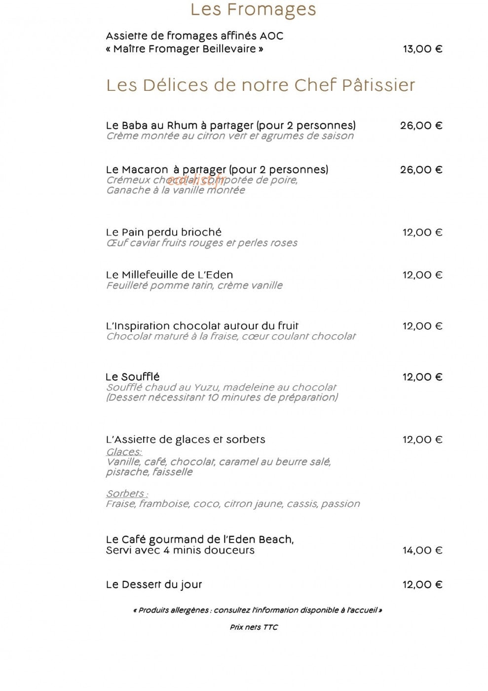 Carte et menu de L'Eden Beach à La Baule Escoublac — Les fromages