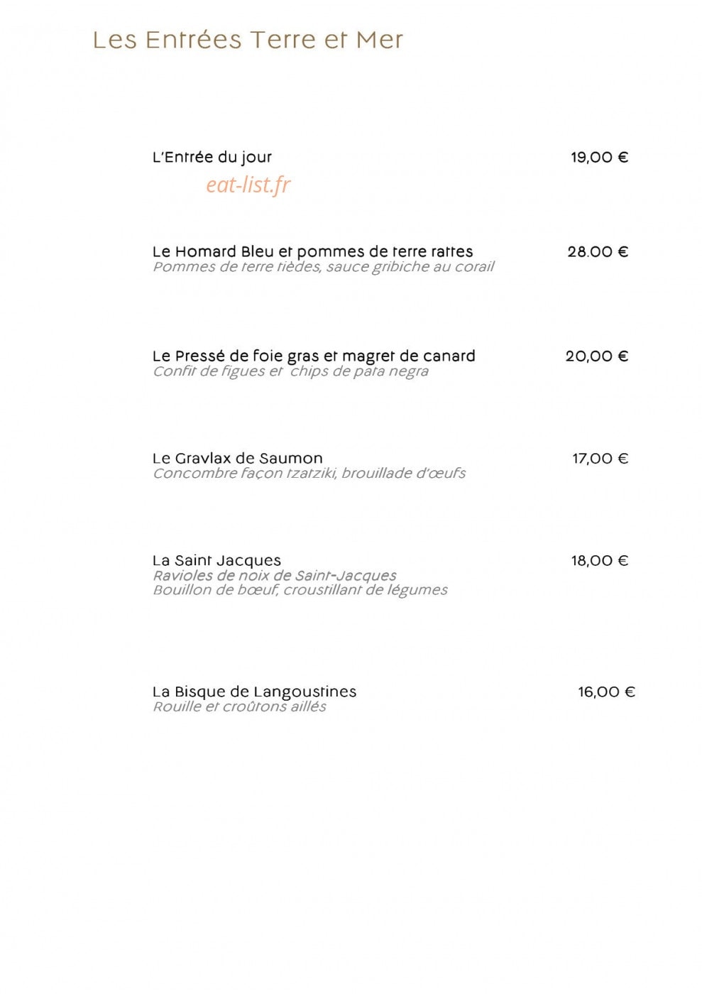 Carte et menu de L'Eden Beach à La Baule Escoublac — Les entrées terre et mer