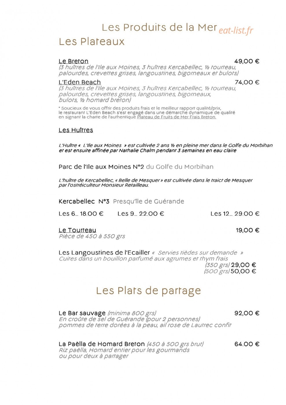 Carte et menu de L'Eden Beach à La Baule Escoublac — Les plateaux et plats de partage