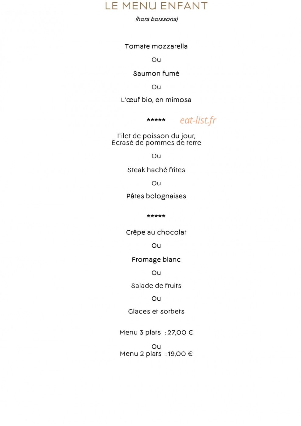 Carte et menu de L'Eden Beach à La Baule Escoublac — Le menu enfant