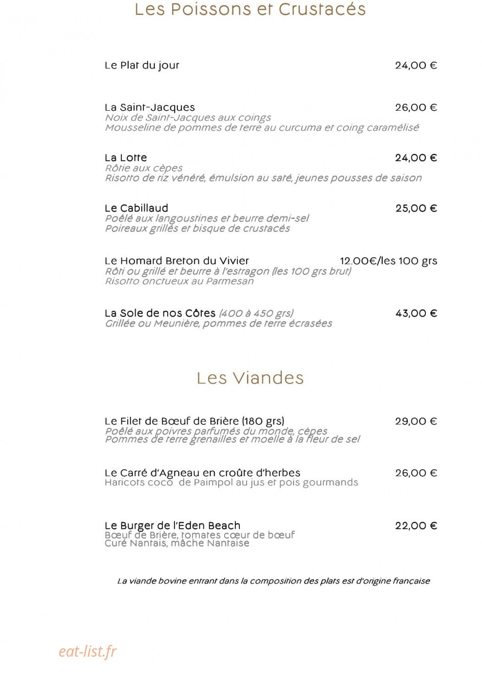 Carte et menu de L'Eden Beach à La Baule Escoublac — Les poissons, crustacés et viandes
