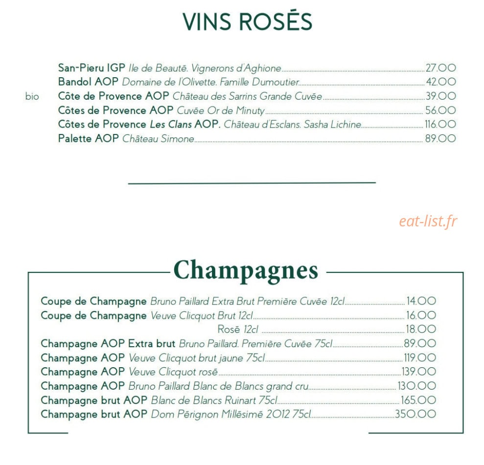Carte et menu de Le Café des Ecailles à La Baule Escoublac — Les vins rosés et champagnes