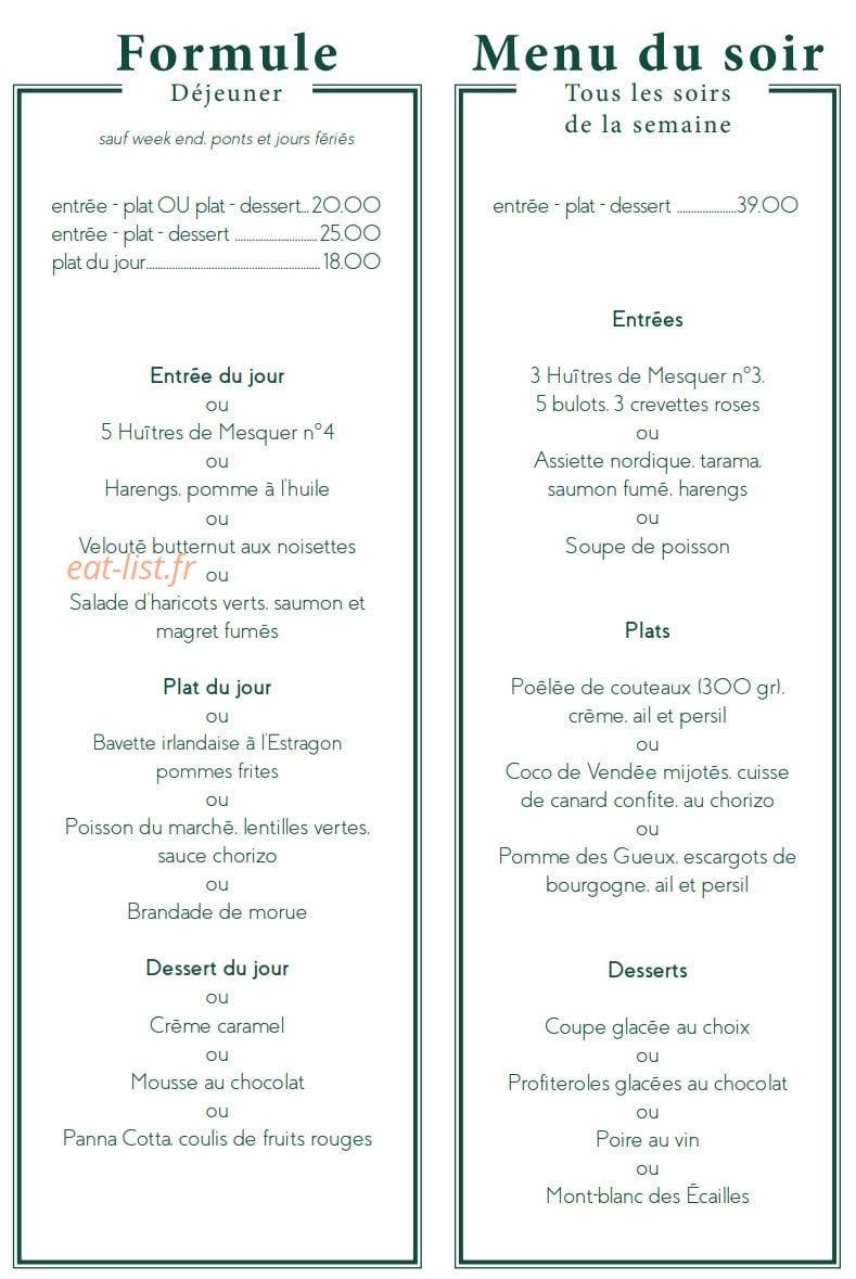 Carte et menu de Le Café des Ecailles à La Baule Escoublac — Les formules et menus du soir