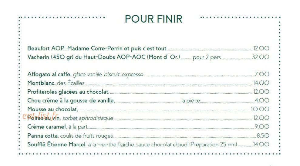 Carte et menu de Le Café des Ecailles à La Baule Escoublac — Pour finir