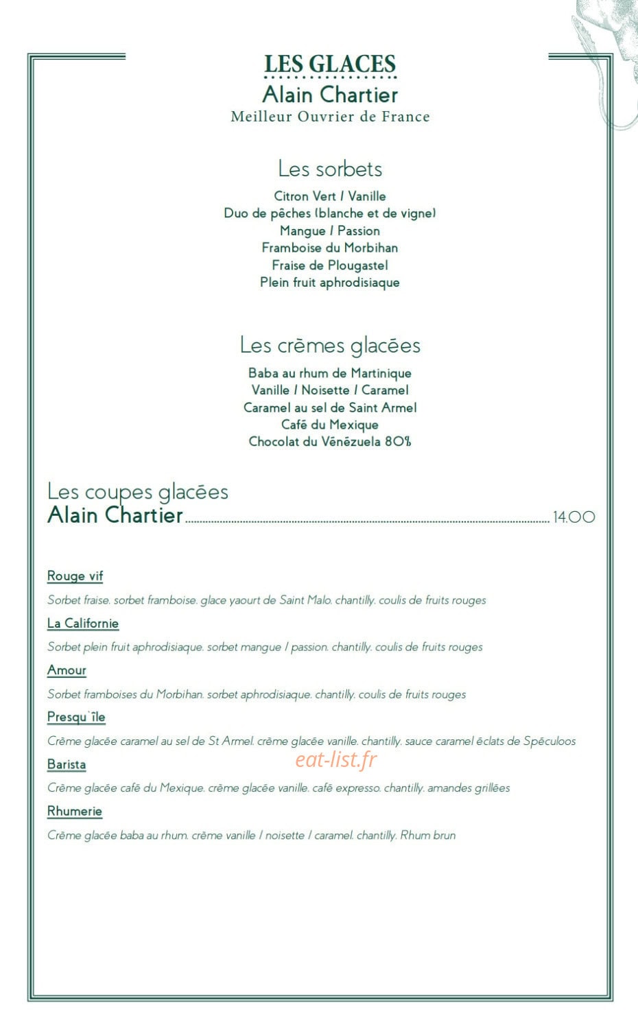 Carte et menu de Le Café des Ecailles à La Baule Escoublac — Les glaces et coupes glacées