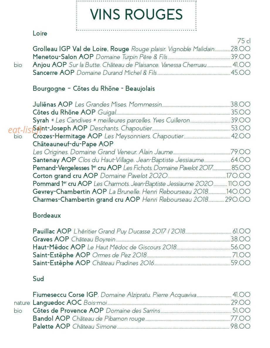 Carte et menu de Le Café des Ecailles à La Baule Escoublac — Les vins rouges