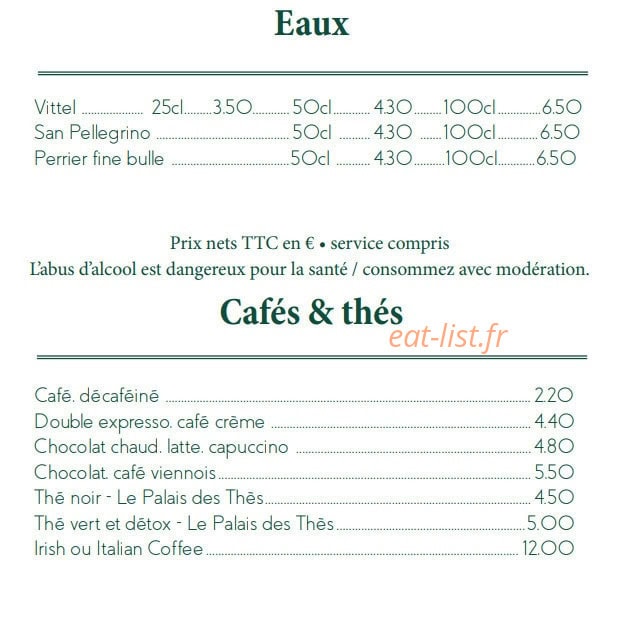 Carte et menu de Le Café des Ecailles à La Baule Escoublac — Eaux, cafés et thés