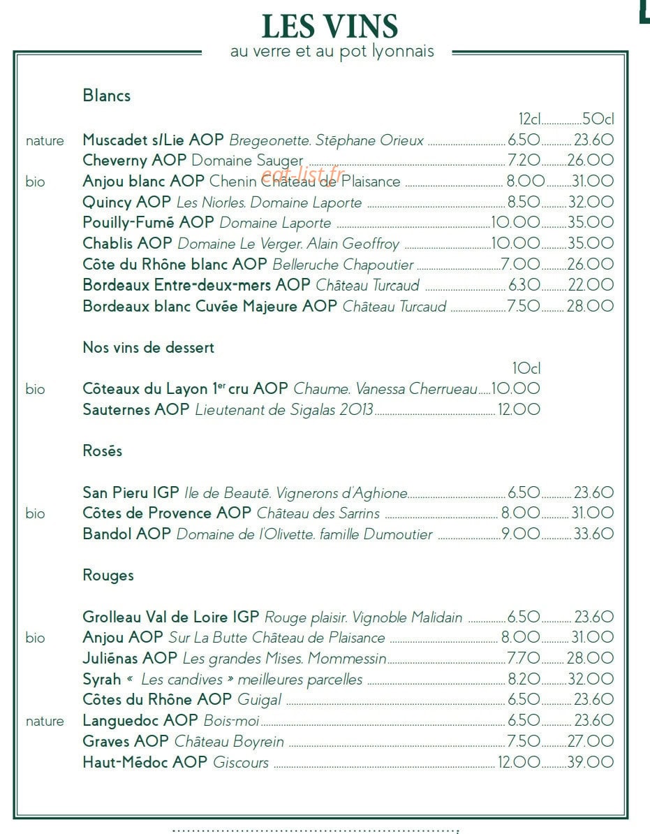 Carte et menu de Le Café des Ecailles à La Baule Escoublac — Les vins au verre et au pot lyonnais
