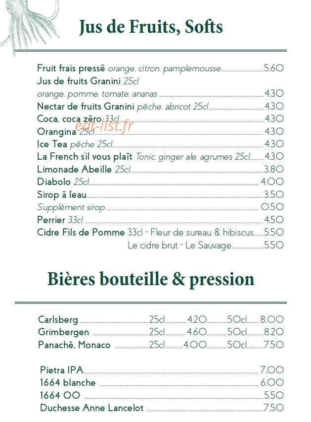 Carte et menu de Le Café des Ecailles à La Baule Escoublac — Les jus de fruits, softs et bières bouteilles,...