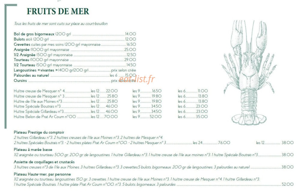 Carte et menu de Le Café des Ecailles à La Baule Escoublac — Les fruits de mer