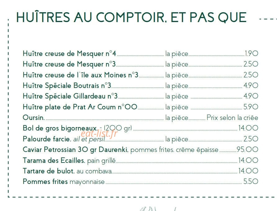 Carte et menu de Le Café des Ecailles à La Baule Escoublac — Les huitres au comptoir et pas que
