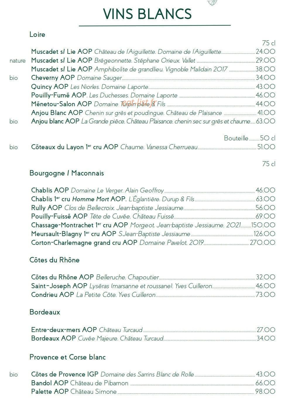 Carte et menu de Le Café des Ecailles à La Baule Escoublac — Les vins blancs