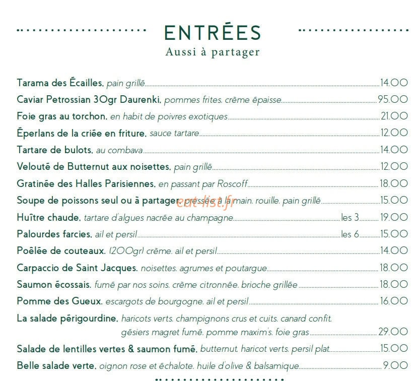 Carte et menu de Le Café des Ecailles à La Baule Escoublac — Les entrées