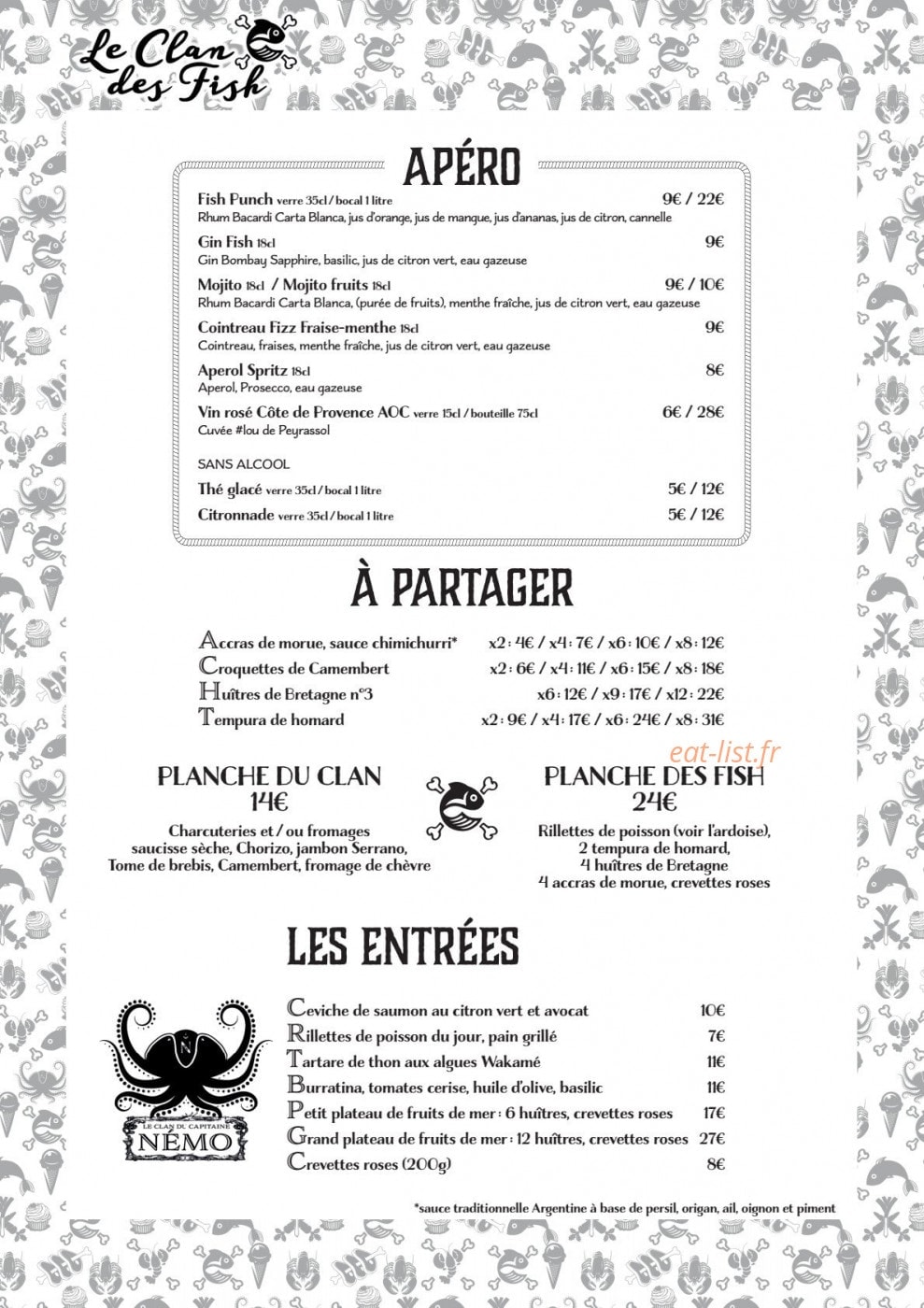 Carte et menu de Le Clan des Fish à La Baule Escoublac — Apéro, à partager et entrées