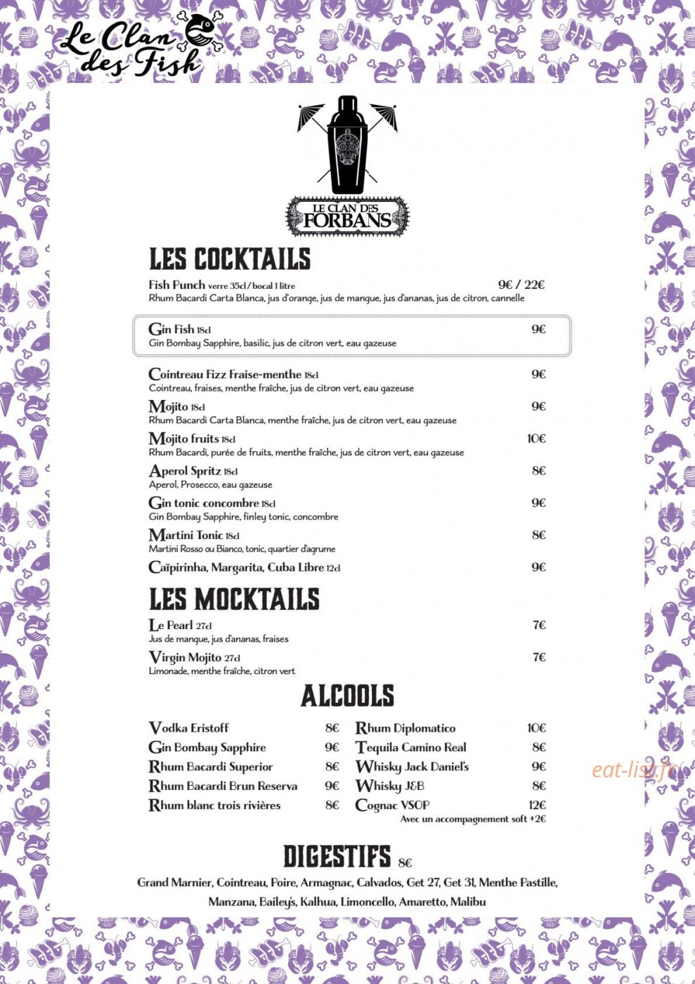 Carte et menu de Le Clan des Fish à La Baule Escoublac — Cocktails, mocktailes, alcools, ...