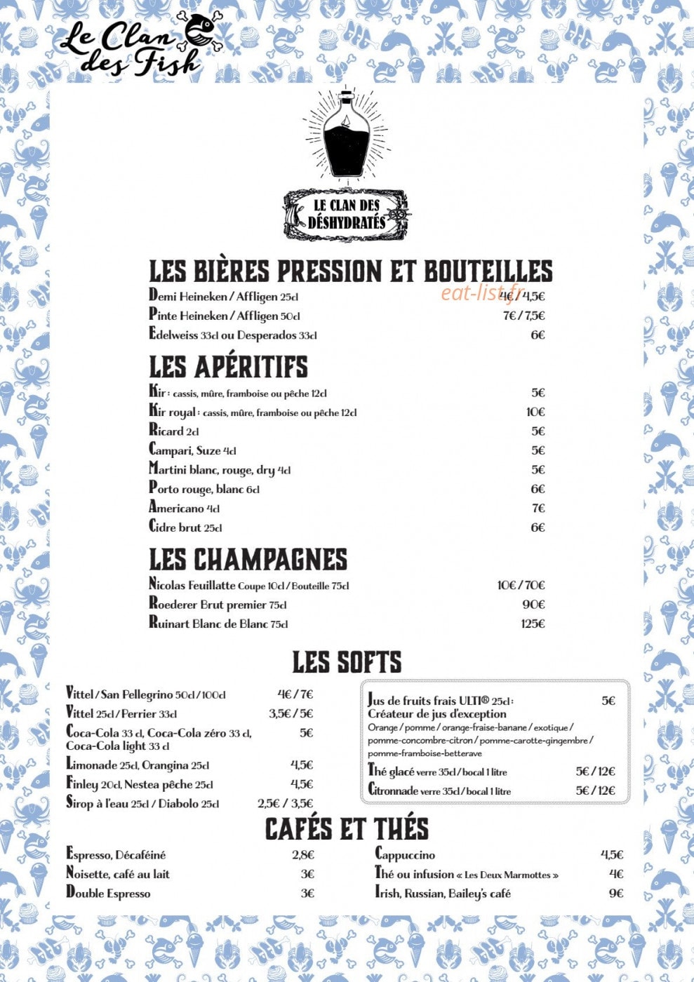 Carte et menu de Le Clan des Fish à La Baule Escoublac — Bières, apéritif, champagnes, ...
