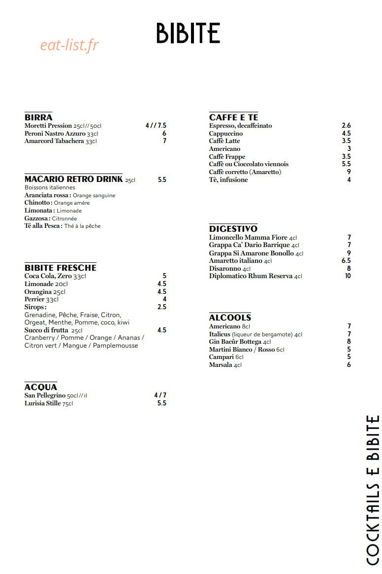 Carte et menu de Monica – Le Clan des Mamma à La Baule Escoublac — Les boissons