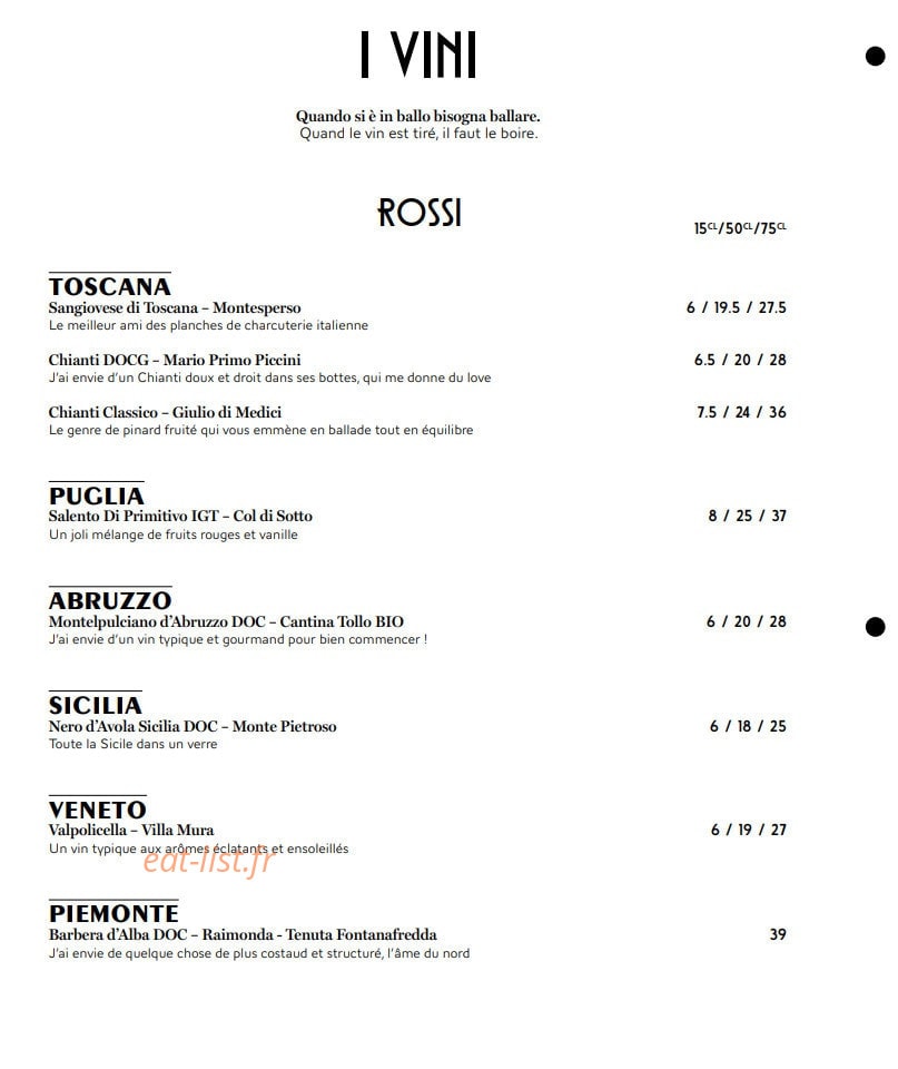 Carte et menu de Monica – Le Clan des Mamma à La Baule Escoublac — Les vins rouges
